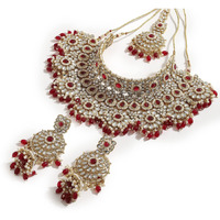SOHI Gold Plated Red Necklace Set for Women and Girls, Necklace, Earrings and Maangtika, Necklace with Bead detailing for women, Statement jewellery, Stones necklace for women |2207