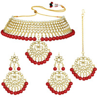 Peora Gold Plated Kundan Faux Pearl Choker Necklace Earring Maang Tikka Traditional Jewellery Set for Women Girls