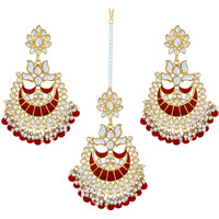 Peora 18K Gold Plated Kundan Pearl Enamel Maang Tikka Earring Set for Women Girls