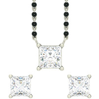 Clara 925 Sterling Silver Square Mangalsutra Tanmaniya Pendant Earring Jewellery set With Chain Gift for Women and Girls