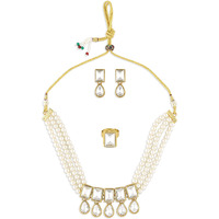 ZAVERI PEARLS Gold Tone Multistrand Pearls Choker Necklace Earring & Ring Set For Women-ZPFK10724