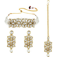 Peora Gold Plated Pearl Kundan Choker Necklace with Earring Maang Tikka Traditional Ethnic Bridal Jewellery Set for Women