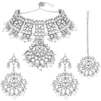 Peora Silver Plated Traditional Kundan Choker Necklace Jewellery Set with Earring Maang Tikka for Women Girls (Pink)