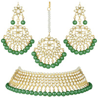 Peora 18K Gold Plated Indian Ethnic Kundan Pearl Fancy Bridal Traditional Necklace Jewellery Set with Earrings for Women (Green)