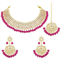 Peora Gold Plated Rani Pink Kundan Studded Choker Necklace Dangle Earrings & Maang Tikka Ethnic Fashion Jewellery Set Gift for Women & Girls