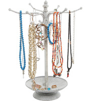 Vintage Style Whitewashed Metal 12 Hook Jewelry Organizer Tree Rack Stand w/ Ring Dish Tray