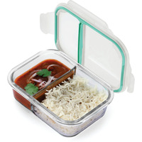 Oliveware Elite Natural Glassware Bento Lunch Box Microwave safe with 2 compartment set |Safety Lock Airtight Containers (600 ml)