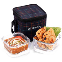 SOPL-OLIVEWARE Feast Glassware Square Lunchbox, Borosilicate Glass Containers, Microwave Safe & Leak Proof, 2 Containers with BPA Free Lids (320ml) Each - Blue