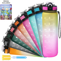 SOLARA Water Bottle 1 Litre with Motivational Time Marker, Leakproof Durable BPA Free Non-Toxic Water Bottle for Office, Gym, Detoxing eBook included, Yellow Pink (Tritan)