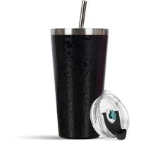 SOLARA Tumbler with lid and straw 475ml, Double Wall Insulated Stainless Steel Coffee Tumbler, Travel Mug with Lid, Hot and Cold Coffee Mug with lid for Office, Home and Travel -Black Leopard