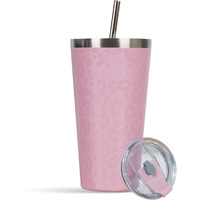 SOLARA Tumbler with lid and straw 475ml, Double Wall Insulated Stainless Steel Coffee Tumbler, Travel Mug with Lid, Hot and Cold Coffee Mug with lid for Office, Home and Travel - Pink Leopard
