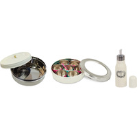 Elan Special Discounted Combo Of Spice Box With 7 Compartments, Oil Dispenser, And Roti Box (Off White, Stainless Steel, Pack Of 3), Beige