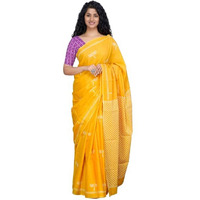Kiaaron Womens Ikat Hand Block Print Jaipuri Cotton Mulmul Saree with Blouse Piece - Yellow_33