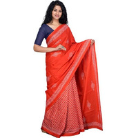 Kiaaron Womens Ikat Hand Block Print Jaipuri Cotton Mulmul Saree with Blouse Piece - Orange_16