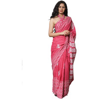 Kiaaron Womens Ikat Hand Block Print Jaipuri Cotton Mulmul Saree with Blouse Piece -Pink_Kia598