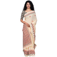Kiaaron Handicrafts Womens Ikat Hand Block Print Jaipuri Cotton Mulmul Saree with Blouse Piece -Sup_CreamButi_3