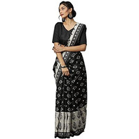 AKHILAM Womens Bhagalpuri Silk Floral Block Print Saree with Unstitched Blouse Piece (Black_18WOM18906)