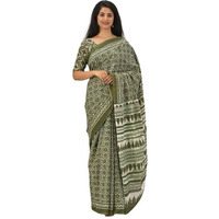 Kiaaron Handicrafts Womens Ikat Hand Block Print Jaipuri Cotton Mulmul Saree with Blouse Piece - 1Green_39