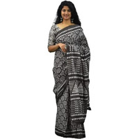 Kiaaron Womens Ikat Hand Block Print Jaipuri Cotton Mulmul Saree with Blouse Piece - Grey_64