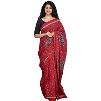 Kiaaron Womens Ikat Hand Block Print Jaipuri Cotton Mulmul Saree with Blouse Piece - Maroon_20