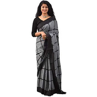 Kiaaron Womens Hand Block Kalamkari Batik Bagru Jaipuri Ikat Printed Handloom Pure Cotton Mulmul Traditional Ethnic Cotton Sarees With Printed Blouse Piece - Grey