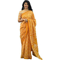 Kiaaron Womens Ikat Hand Block Print Jaipuri Cotton Mulmul Saree with Blouse Piece - Yellow_61