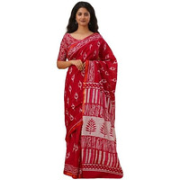 Kiaaron Handicrafts Womens Ikat Hand Block Print Jaipuri Cotton Mulmul Saree Zari Border with Blouse Piece_Red_7