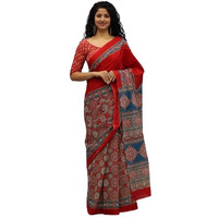 Kiaaron Handicrafts Womens Ikat Hand Block Print Jaipuri Cotton Mulmul Saree with Blouse Piece - _2