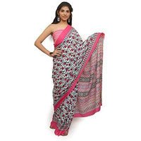 Kiaaron Womens Hand Block Kalamkari Batik Bagru Jaipuri Ikat Printed Handloom Pure Cotton Mulmul Traditional Ethnic Cotton Sarees With Printed Blouse Piece - Pink