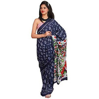 Kiaaron Womens Hand Block Kalamkari Batik Bagru Jaipuri Ikat Printed Handloom Pure Cotton Mulmul Traditional Ethnic Cotton Sarees With Printed Blouse Piece - Blue