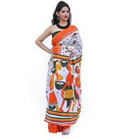 Kiaaron Womens Hand Block Kalamkari Batik Bagru Jaipuri Ikat Printed Handloom Pure Cotton Mulmul Traditional Ethnic Cotton Sarees With Printed Blouse Piece - Orange