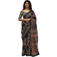 Kiaaron Handicrafts Womens Ikat Hand Block Print Jaipuri Cotton Mulmul Saree with Blouse Piece - Sup_Grey_6