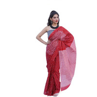 Kiaaron Womens Hand Block Kalamkari Batik Bagru Jaipuri Ikat Printed Handloom Pure Cotton Mulmul Traditional Ethnic Cotton Sarees With Printed Blouse Piece - Red