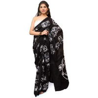Kiaaron Womens Hand Block Kalamkari Batik Bagru Jaipuri Ikat Printed Handloom Pure Cotton Mulmul Traditional Ethnic Cotton Sarees With Printed Blouse Piece - Black