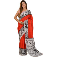 Kiaaron Handicrafts Womens Ikat Hand Block Print Jaipuri Cotton Mulmul Saree with Blouse Piece -Shiv_RedMenther_54