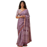 Kiaaron Handicrafts Womens Ikat Hand Block Print Jaipuri Cotton Mulmul Saree Zari Border with Blouse Piece_Purple_4