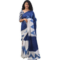 Kiaaron Womens Ikat Hand Block Print Jaipuri Cotton Mulmul Saree with Blouse Piece -Blue_365