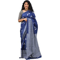 Kiaaron Womens Ikat Hand Block Print Jaipuri Cotton Mulmul Saree with Blouse Piece -Blue_Kia499