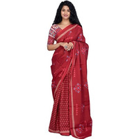 Kiaaron Womens Ikat Hand Block Print Jaipuri Cotton Mulmul Saree with Blouse Piece - RED_SH94