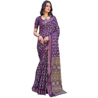 SIRIL Womens Silk Floral Printed Zari Border Saree With Unstitched Blouse Piece (3645S1361_Violet)