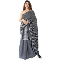 Kiaaron Womens Hand Block Kalamkari Batik Bagru Jaipuri Ikat Printed Handloom Pure Cotton Mulmul Traditional Ethnic Cotton Sarees With Printed Blouse Piece - Black