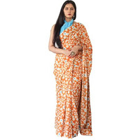 Kiaaron Womens Hand Block Kalamkari Batik Bagru Jaipuri Ikat Printed Handloom Pure Cotton Mulmul Traditional Ethnic Cotton Sarees With Printed Blouse Piece - Orange
