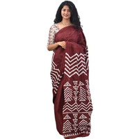 Kiaaron Womens Ikat Hand Block Print Jaipuri Cotton Mulmul Saree with Blouse Piece -Maroon_Kia535