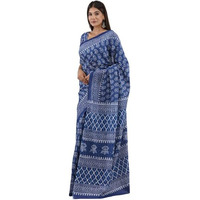 Kiaaron Handicrafts Womens Ikat Hand Block Print Jaipuri Cotton Mulmul Saree with Blouse Piece -Blue_20