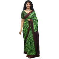 Kiaaron Womens Ikat Hand Block Print Jaipuri Cotton Mulmul Saree with Blouse Piece - Green_385