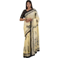 Kiaaron Handicrafts Womens Ikat Hand Block Print Jaipuri Cotton Mulmul Saree with Blouse Piece -Cream_21