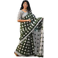 Kiaaron Womens Hand Block Kalamkari Batik Bagru Jaipuri Ikat Printed Handloom Pure Cotton Mulmul Traditional Ethnic Cotton Sarees With Printed Blouse Piece - Green_White