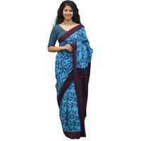 Kiaaron Womens Ikat Hand Block Print Jaipuri Cotton Mulmul Saree with Blouse Piece - Blue_388
