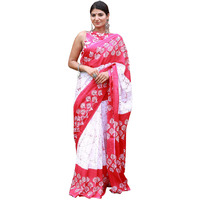 Kiaaron Womens Hand Block Kalamkari Batik Bagru Jaipuri Ikat Printed Handloom Pure Cotton Mulmul Traditional Ethnic Cotton Sarees With Printed Blouse Piece - Pink_White