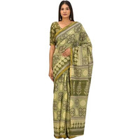 Kiaaron Handicrafts Womens Ikat Hand Block Print Jaipuri Cotton Mulmul Saree Zari Border with Blouse Piece_Green_31